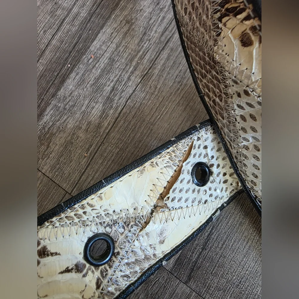 Artisan White and Brown Snakeskin Leather Belt with Oval Buckle